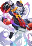  1girl bow bowtie colored_skin demon disgaea double_bun grey_skin hair_bun hat highres jiangshi jiangshi_costume leobearboy long_hair long_sleeves makai_senki_disgaea_7 ofuda open_mouth pointy_ears purple_hair qing_guanmao red_eyes sharp_teeth simple_background solo teeth twintails white_background yellow_bow yellow_bowtie zombie_maiden_(disgaea) 