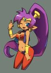  2022 absurd_res blue_eyes breasts cleavage clothed clothing ear_piercing ear_ring female genie hair hi_res humanoid humanoid_pointy_ears long_hair looking_at_viewer navel niyuyu not_furry one_eye_closed open_mouth open_smile piercing ponytail purple_hair ring_piercing shantae shantae_(series) simple_background smile solo tan_body tan_skin topwear vest wayforward wink 
