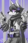  absurd_res anthro bottomwear canid clothed clothing hair hi_res holding_key holding_object key kuttoyaki looking_at_viewer male mammal mouth_closed pants partially_colored pattern_background red_eyes short_hair signature simple_background solo standing striped_background visor white_eyes 