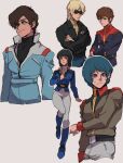  1girl 4boys alternate_costume amuro_ray belt belt_buckle black_belt black_eyes black_hair black_jacket black_shirt blonde_hair blue_belt blue_hair blue_jacket blue_pants breasts brown_hair buckle char&#039;s_counterattack char_aznable closed_mouth cosplay cropped_legs crossed_arms earth_federation fa_yuiry full_body green_eyes grey_eyes gundam gundam_zz hand_on_own_chest high_collar highres jacket judau_ashta kamille_bidan kamille_bidan_(cosplay) light_frown long_sleeves looking_afar looking_at_self looking_down medium_hair military_uniform multiple_boys otenki93 outline pants shirt short_hair simple_background smile sunglasses sweat titans_(gundam) turtleneck uniform white_background white_outline white_pants white_shirt yellow_shirt zeta_gundam 