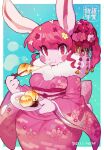  1girl absurdres animal_ears animal_nose blue_background blush body_fur border braid breasts chinese_zodiac chopsticks dated eating flower food furry furry_female hair_flower hair_ornament happy_new_year heart highres holding holding_chopsticks holding_plate japanese_clothes kimono looking_at_viewer medium_breasts mochi original outside_border pink_flower pink_fur pink_kimono plate rabbit_ears rabbit_girl red_flower sanjiro_(tenshin_anman) solo white_border white_flower wide_hips year_of_the_rabbit yellow_flower 