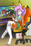  2017 absurd_res anthro biped black_nose blue_eyes blue_hair bottomwear bracelet breasts chair cheek_tuft claws clothed clothing controller countershade_face countershade_torso countershading crop_top crossed_legs digitigrade ear_tuft english_text facial_tuft female furniture game_controller gaming hair hi_res holding_controller holding_game_controller holding_object inside jewelry leg_markings long_hair looking_at_viewer lunora machinewithsoul mammal markings midriff multicolored_body navel on_chair orange_body panties rodent sciurid shirt sitting sitting_on_chair skirt small_breasts smile socks_(marking) solo text toe_claws topwear tree_squirrel tuft two_tone_body underwear upskirt white_body white_clothing white_markings white_panties white_underwear 