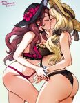  2girls artist_name ass bikini blonde_hair bow breasts brown_bikini brown_hair choker closed_eyes cowboy_shot dated dorothea_arnault dorothea_arnault_(summer) earrings fire_emblem fire_emblem:_three_houses fire_emblem_heroes flower hair_bow hair_ribbon hat hat_flower hat_ribbon jewelry kiss long_hair medium_breasts mercedes_von_martritz mercedes_von_martritz_(summer) mina_cream multiple_girls nail_polish official_alternate_costume pink_bikini red_nails ribbon straw_hat sun_hat swimsuit yuri 