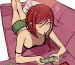  1girl ? black_tank_top breasts controller couch ensemble_stars! food food_in_mouth game_controller genderswap genderswap_(mtf) green_shorts highres looking_at_viewer lummy_yummy lying multicolored_hair nipples on_couch on_stomach pocky pocky_in_mouth red_hair sakasaki_natsume short_hair_with_long_locks shorts small_breasts solo tank_top white_hair yellow_eyes 