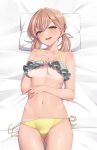 1girl absurdres aqua_eyes ass_visible_through_thighs bed_sheet bikini breasts brown_hair collarbone hair_ornament hairclip highres hinoshita_kaho link!_like!_love_live! love_live! lying medium_breasts nasuno_(nasuno42) navel on_back open_mouth pillow short_hair short_twintails side-tie_bikini_bottom smile solo stomach sweat swimsuit tan tanlines twintails underboob yellow_bikini 