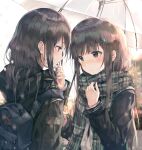  2girls adjusting_scarf backpack bag black_jacket black_scarf blush brown_eyes brown_jacket closed_mouth enpera eye_contact green_scarf hair_flowing_over hair_ornament hairclip highres holding holding_umbrella hood hooded_jacket huwari_(dnwls3010) jacket long_hair long_sleeves looking_at_another mask mask_pull mouth_mask multiple_girls original plaid plaid_scarf red_eyes scarf school_uniform shared_umbrella snowflake_hair_ornament surgical_mask transparent transparent_umbrella umbrella uniform yuri 