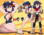  2girls :o animal anklet arms_on_head barefoot black_choker black_hair black_nails black_pants breasts brown_footwear brown_jacket choker collarbone crab fang grin hand_up highres holding holding_clothes holding_swimsuit jacket jewelry kill_la_kill large_breasts matoi_ryuuko medium_hair multicolored_hair multiple_girls multiple_views nail_polish open_clothes open_jacket pants red_hair scott_malin shirt_tucked_in shoes sitting smile streaked_hair swimsuit teeth toenail_polish toenails unworn_bikini upper_teeth_only 