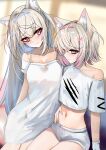  2girls absurdres animal_ear_fluff animal_ears blonde_hair blue_eyes blue_hair breasts cleavage cropped_shirt dog_ears dog_girl fuwawa_abyssgard grey_shorts hair_ornament hairpin highres hololive hololive_english large_breasts long_hair looking_at_viewer medium_hair midriff mococo_abyssgard multicolored_hair multiple_girls navel pink_eyes pink_hair rifufu shirt short_shorts shorts streaked_hair virtual_youtuber white_shirt x_hair_ornament 