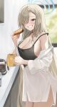  1girl absurdly_long_hair absurdres asuna_(blue_archive) asymmetrical_bangs black_camisole blue_archive blue_eyes blurry blurry_background blush breasts camisole cleavage coffee_mug cup food grin hair_over_one_eye halo highres holding holding_cup holding_food indoors large_breasts light_brown_hair long_bangs long_hair looking_at_viewer mole mole_on_breast mug oversized_clothes oversized_shirt rosu_1109 shirt sideboob smile solo straight_hair strap_slip very_long_hair white_shirt 