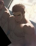 2boys abs averting_eyes bar_censor bara bathroom brown_hair censored goatee_stubble highres large_pectorals light male_focus mature_male multiple_boys muscular muscular_male navel navel_hair nipples original oro9 paid_reward_available pectorals shadow short_hair shy sideburns sideburns_stubble solo_focus sunlight thick_eyebrows upper_body v-shaped_eyebrows wet 