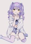  black_ribbon hair_ornament hair_ribbon highres looking_at_viewer mizutamako off_shoulder purple_hair purple_nails purple_theme purple_thighhighs ribbon shinomiya_runa shirt simple_background sitting sleepwear thighhighs two_side_up virtual_youtuber vspo! wariza white_shirt yellow_eyes 