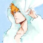  1boy bleach blue_background braised_goose brown_eyes close-up coat collarbone fur-trimmed_coat fur-trimmed_hood fur-trimmed_sleeves fur_trim hair_between_eyes highres hood hood_up kurosaki_ichigo looking_to_the_side male_focus orange_hair parted_lips solo white_fur 