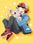  1boy :d bag black_shirt blue_jacket blush brown_hair closed_eyes commentary_request grey_pants hat highres hilbert_(pokemon) holding holding_pokemon jacket long_sleeves male_focus messenger_bag minccino mochi_(mocchi_p_2m) open_mouth pants poke_ball_print pokemon pokemon_(creature) pokemon_(game) pokemon_bw red_footwear red_headwear shirt shoes short_hair shoulder_bag smile sparkle teeth upper_teeth_only yellow_background 