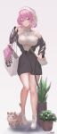  1girl absurdres bag beret black_jacket black_skirt boots breasts can_(honkai_impact) earrings elysia_(honkai_impact) flower full_body gofun_juku_no_ni_tsutsumi grey_background hand_up handbag hat highres honkai_(series) honkai_impact_3rd jacket jewelry large_breasts long_hair long_sleeves looking_at_viewer off_shoulder open_clothes open_jacket parted_lips pink_hair plant pointy_ears potted_plant purple_eyes ribbed_sweater shopping_bag shoulder_bag signature simple_background skirt sleeveless sleeveless_turtleneck smile standing sweater turtleneck very_long_hair white_flower white_footwear white_headwear white_sweater 