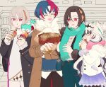  2boys 2girls alear_(fire_emblem) alear_(male)_(fire_emblem) alternate_costume black_hair blue_hair brother_and_sister closed_eyes crossed_bangs d_kenpis feather_hair_ornament feathers fire_emblem fire_emblem_engage food fur_trim hair_ornament highres holding holding_food long_hair long_sleeves looking_at_another multicolored_hair multiple_boys multiple_girls nel_(fire_emblem) open_mouth rafal_(fire_emblem) red_eyes red_hair scarf short_hair siblings skirt smile sommie_(fire_emblem) split-color_hair two-tone_hair veyle_(fire_emblem) white_hair 