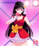  armpits bishoujo_senshi_sailor_moon black_hair bow breasts choker cleavage dress gloves hino_rei long_hair microphone purple_eyes red_choker red_dress saotome_nanda sash short_dress smile white_gloves yellow_bow 