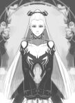  bare_shoulders black_dress breasts cleavage cm_lynarc dress earrings eir_(fire_emblem) fire_emblem fire_emblem_heroes greyscale high_ponytail jewelry large_breasts looking_at_viewer monochrome solo 