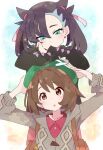  2girls :o black_hair black_jacket brown_eyes brown_hair cardigan gloria_(pokemon) green_eyes green_headwear grey_cardigan hat ixy jacket long_sleeves looking_at_another marnie_(pokemon) multiple_girls pokemon pokemon_(game) pokemon_swsh short_hair tam_o&#039;_shanter 