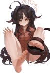  1girl ahoge barefoot black_hair black_horns black_tail blue_archive blush closed_mouth collared_shirt demon_horns dokomon feet foot_focus hair_intakes highres horns kasumi_(blue_archive) long_hair looking_at_viewer red_shirt shirt soles solo toes yellow_eyes 