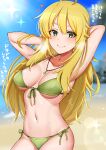  1girl absurdres ahoge arms_behind_head bikini blonde_hair blush breasts commentary_request green_bikini green_eyes groin hair_between_eyes heart highres hoshii_miki idolmaster idolmaster_(classic) jewelry long_hair looking_at_viewer mabanna medium_breasts navel smile solo sweat swimsuit translation_request 