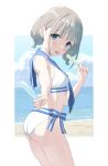  1girl :p ass beach bikini blue_eyes blue_sailor_collar blue_sky blush border breasts cloud cowboy_shot day food foreshortening from_side giving grey_hair hair_tie hand_up head_tilt highres holding holding_food holding_popsicle horizon idolmaster idolmaster_shiny_colors looking_at_viewer looking_back low_twintails ocean outdoors outside_border outstretched_arm popsicle sailor_bikini sailor_collar sailor_swimsuit_(idolmaster) serizawa_asahi short_hair short_twintails side-tie_bikini_bottom sidelocks sincos sky small_breasts standing swimsuit tongue tongue_out twintails water white_bikini white_border 