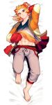  1boy absurdres barefoot closed_mouth clothes_lift dakimakura_(medium) feet forked_eyebrows grey_pants highres jacket kimetsu_no_yaiba long_hair long_sleeves male_focus male_underwear mamimume_momo midriff multicolored_clothes multicolored_hair multicolored_jacket multicolored_shirt navel non-web_source orange_hair pants red_hair rengoku_kyoujurou shirt shirt_lift smile solo stomach sweatpants t-shirt toes two-tone_hair underwear 