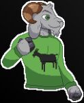  anthro bovid caprine clothed clothing curved_horn digital_media_(artwork) eyebrow_scar facing_right fist floppy_ears fur goat green_eyes grey_body grey_fur head_tuft hi_res hooves horn jack_pilgor_(walpinsta) male mammal pixel_(artwork) pose simple_background solo sweater topwear tuft walpinsta 