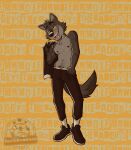  absurd_res anthro black_nose bottomwear canid canine canis clothing dreamworks english_text footwear grey_body half-closed_eyes hi_res jockpossum male mammal mr._wolf_(the_bad_guys) narrowed_eyes navel nipples open_mouth orange_background pants shoes simple_background solo teeth text the_bad_guys wolf yellow_sclera 