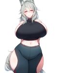  1girl absurdres animal_ears arknights arms_behind_back bare_shoulders breasts commission cowboy_shot crop_top curvy grani_(arknights) grey_hair grin highres hip_vent huge_breasts looking_at_viewer midriff navel pants pixiv_commission purple_eyes rikuguma sideboob simple_background sleeveless sleeveless_turtleneck smile solo tail tight_clothes tight_pants turtleneck white_background wide_hips 