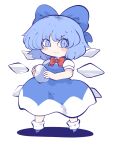  1girl blue_bow blue_dress blue_eyes blue_hair blush border bow chahan_(fried_rice0614) cirno dress highres ice ice_wings red_bow shadow smile socks touhou white_background white_border white_sleeves wings 