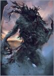  antlers bloodborne border cleric_beast graffitigw grey_border grey_fur highres monster open_mouth outdoors sharp_teeth solo standing sunset teeth 