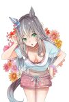  animal_ears bra breasts collarbone commentary_request flower gaze_on_me!_outfit_(umamusume) green_eyes grey_hair hair_between_eyes hair_ornament horse_ears horse_girl horse_tail looking_at_viewer medium_breasts midriff navel open_mouth reishi_(litvyak) shorts tail thick_eyebrows umamusume underwear white_background wonder_acute_(umamusume) 