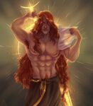  1boy abs armpit_hair bare_arms bare_pectorals bare_shoulders black_skirt braid elden_ring energy_sword glowing glowing_eyes greatsword gs0nk highres holding holding_paper holding_sword holding_weapon long_braid long_hair long_sword looking_at_viewer muscular muscular_male nipples paper pectorals radagon_of_the_golden_order red_hair red_pubic_hair single_braid skirt sword sword_behind_back topless topless_male treasure_trail very_long_hair weapon yellow_eyes 