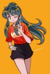  1girl ;) black_shorts blue_hair clothes_writing dark_blue_hair hand_on_own_hip horns long_hair lum one_eye_closed oni oni_horns open_mouth orange_eyes ponytail red_shirt sashimi_(adam026) shirt short_sleeves shorts sidelocks smile solo twitter_username urusei_yatsura yellow_background yellow_horns 