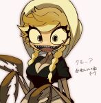  2023 4_arms animal_humanoid arthropod arthropod_humanoid big_head black_clothing black_eyes blonde_hair braided_hair cel_shading cliffside_(series) clothing cordie_(cliffside) cxolzayti1bx36l female hair hat headgear headwear hi_res humanoid japanese_description japanese_text monster monstrous_humanoid multi_arm multi_limb noseless open_mouth pincers portrait shaded sharp_teeth simple_background solo teeth text three-quarter_portrait translation_request twintails_(hairstyle) white_background white_clothing 