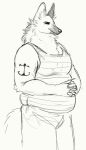  2020 anthro bottomwear canid canine canis cettus clothed clothing hands_together male mammal maned_wolf musclegut pants pattern_clothing sailor shirt sketch slightly_chubby slightly_chubby_anthro slightly_chubby_male smile solo standing striped_clothing stripes tank_top tattoo topwear wolf 