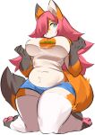  absolute_territory anthro aspirindabaitu belly big_breasts black_body black_fur blue_eyes breasts brown_body brown_fur burger canid canine character_request clothing curvaceous curvy_figure female food fox full-length_portrait fur hair hair_over_eye hi_res kneeling legwear looking_aside mammal midriff navel one_eye_obstructed pink_hair portrait shirt slightly_chubby smile solo tail thick_thighs thigh_highs topwear voluptuous white_body white_clothing white_fur white_legwear white_shirt white_thigh_highs white_topwear wide_hips 