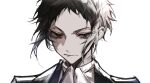  1boy absurdres akutagawa_ryuunosuke_(bungou_stray_dogs) ascot black_eyes black_hair black_jacket bungou_stray_dogs closed_mouth expressionless highres jacket looking_at_viewer mafia portrait short_hair simple_background solo white_ascot white_background ya_ta 