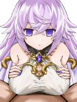  1boy 1girl breast_hold breasts censored cleavage_cutout clothing_cutout cum empty_eyes expressionless facial grimms_notes highres huge_breasts long_hair looking_down magic_mirror_(grimms_notes) mosaic_censoring paizuri paizuri_under_clothes penis pompurinpurin pov purple_eyes purple_hair simple_background solo_focus white_background 