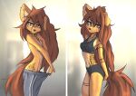  2023 absurd_res anthro apogee_(tinygaypirate) baggy_clothing bra breasts canid canine canis clothed clothing digital_media_(artwork) domestic_dog female female_anthro floppy_ears fur hair hi_res kemono long_hair looking_at_viewer mammal midriff multiple_images navel panties piercing small_breasts solo spitz sweatpants tattoo tinygaypirate topless underwear 