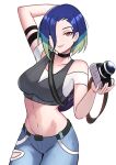  1girl arm_behind_head blue_hair breasts camera denim green_eyes highres holding holding_camera jeans looking_at_viewer medium_breasts midriff multicolored_hair navel pants perrin_(pokemon) pokemon pokemon_(game) pokemon_sv red_eyes short_hair smile solo two-tone_hair undershirt white_background zet_(twt_zet) 