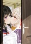  2girls absurdres black_hair blonde_hair blush door_handle highres indoors inoue_takina kiss lycoris_recoil multiple_girls nishikigi_chisato obake_(amimonoobake) purple_eyes red_eyes yuri 