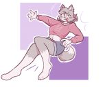  anthro bottomwear canid canine canis clothing crop_top cutoffs denim denim_clothing domestic_dog fan_character fangs feet female full-length_portrait fur grey_body grey_fur happy husky looking_at_viewer mammal mikifluffs nordic_sled_dog pink_clothing pink_sweater pink_topwear portrait purple_eyes shirt shorts smile smiling_at_viewer solo spitz sweater tail teeth topwear white_body white_fur 