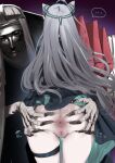  1girl 1other absurdres animal_ear_fluff animal_ears anus ass ass_grab bandaged_arm bandages black_dress blue_archive censored dress from_behind grey_hair halo highres ie_(raarami) long_hair long_sleeves mask mosaic_censoring no_panties pussy shiroko_(blue_archive) shiroko_(terror)_(blue_archive) spread_ass sweat wolf_ears 