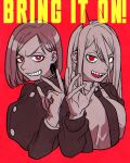  2girls chainsaw_man collared_shirt cross-shaped_pupils drgryu750 gakuran highres jujutsu_kaisen kugisaki_nobara long_hair looking_at_viewer medium_hair monochrome multiple_girls necktie open_mouth parted_lips power_(chainsaw_man) red_eyes school_uniform sharp_teeth shirt smile spot_color symbol-shaped_pupils teeth 