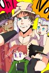  418monami 5boys age_regression aged_down black_hair blue_eyes brown_eyes brown_hair dark-skinned_male dark_skin gloves grey_hair hat headband highres jean_pierre_polnareff jojo_no_kimyou_na_bouken joseph_joestar joseph_joestar_(old) joseph_joestar_(young) kakyoin_noriaki kujo_jotaro male_focus mohammed_avdol multiple_boys oversized_clothes pectoral_cleavage pectorals purple_eyes red_hair stardust_crusaders sweatdrop white_gloves 