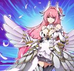 1girl absurdres armor bare_shoulders blush breasts closed_mouth detached_sleeves dorothy_(nikke) dress empty_eyes evil_smile frilled_dress frills goddess_of_victory:_nikke gooroomee hair_bun hand_on_own_chest highres lace large_breasts long_hair pink_hair pink_theme pixiv_username purple_eyes ribbon single_side_bun skirt smile solo thighhighs twitter_username very_long_hair 
