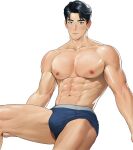  1boy abs bara black_eyes black_hair bulge cowboy_shot highres large_pectorals looking_at_viewer male_focus male_underwear muscular muscular_male naoki_(xhju8282) nipples original pectorals short_hair solo thick_eyebrows topless_male underwear underwear_only v-taper wavy_hair white_background 