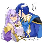  1boy 1girl bare_shoulders blue_eyes blush breasts brother_and_sister cape circlet dress fire_emblem fire_emblem:_genealogy_of_the_holy_war flustered food headband implied_incest incest incoming_pocky_kiss julia_(fire_emblem) open_mouth pocky ponytail purple_eyes seliph_(fire_emblem) siblings simple_background white_headband yukia_(firstaid0) 