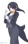  1girl alternate_costume black_hair black_jacket black_pants bow bowtie brown_eyes center_frills coattails collared_shirt cowboy_shot emperor_penguin_(kemono_friends) formal frills gloves grey_vest headphones highres jacket kemono_friends looking_at_viewer metamimi multicolored_hair orange_bow orange_bowtie orange_hair pants penguin_girl penguin_tail shirt short_hair sleeve_cuffs solo streaked_hair suit suit_jacket tail vest white_gloves white_shirt 